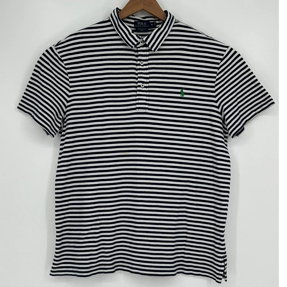 Polo Ralph Lauren Mens XL Featherweight Mesh Striped Polo Shirt Navy White A7